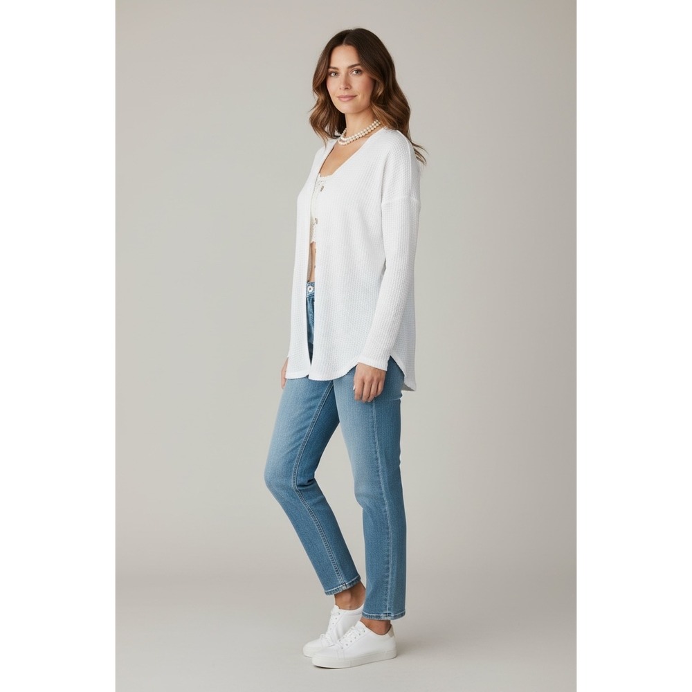 La Miel Waffle Knit Cardigan Women Medium White Button Front Lightweight Sweater